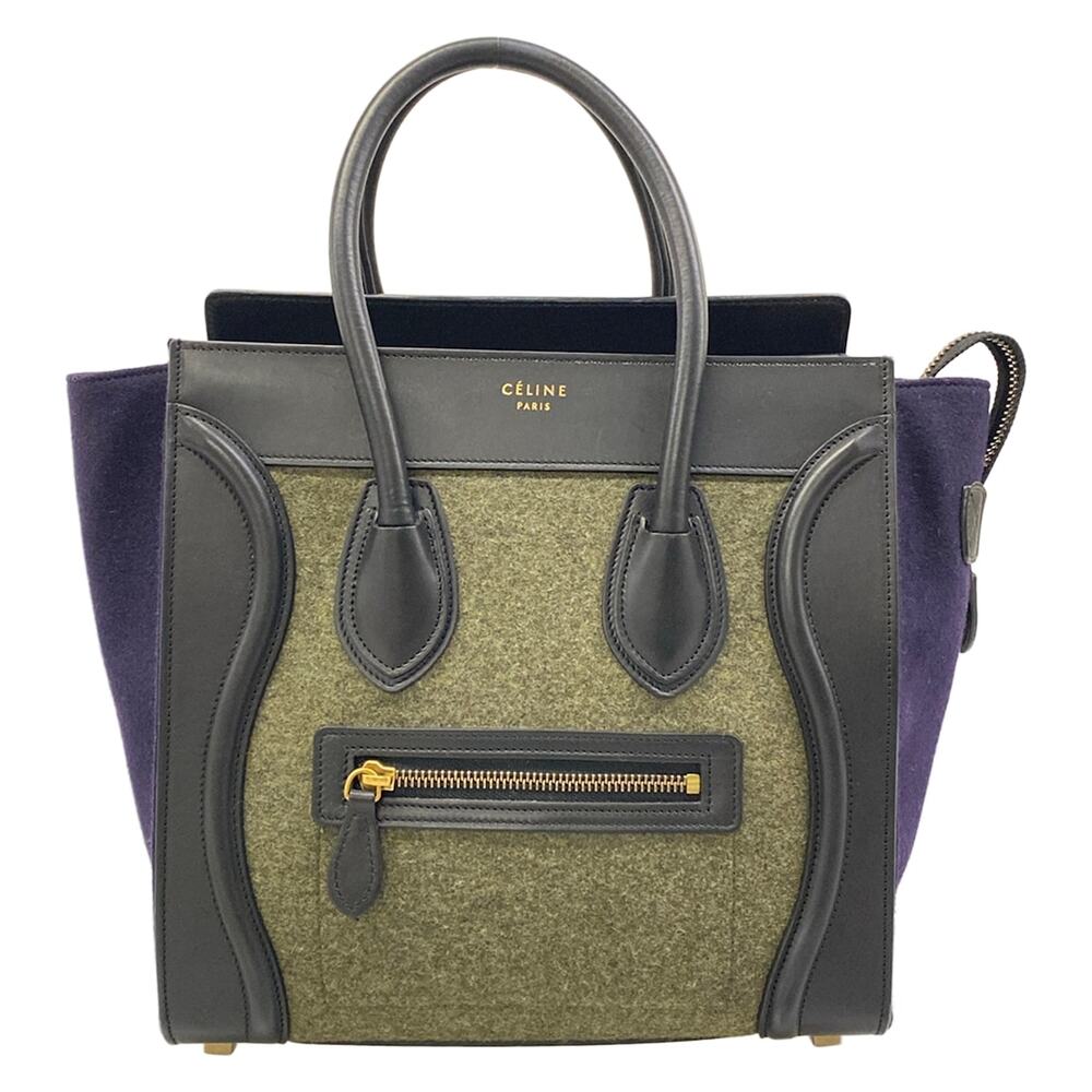 Celine Luggage Micro Shopper Handbag Black Dark Green Leather Wool